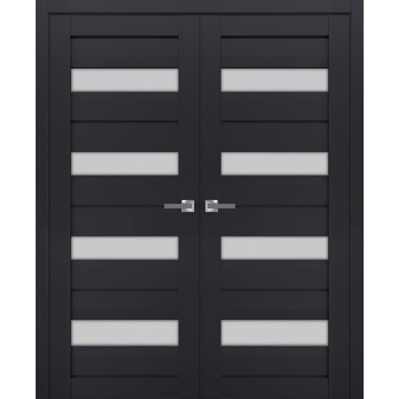 Interior Solid French Double Doors Frosted Glass | Veregio 7455 Antracite | Wood Solid Panel Frame Trims | Closet Bedroom Sturdy Doors -72" x 96" (2* 36x96)