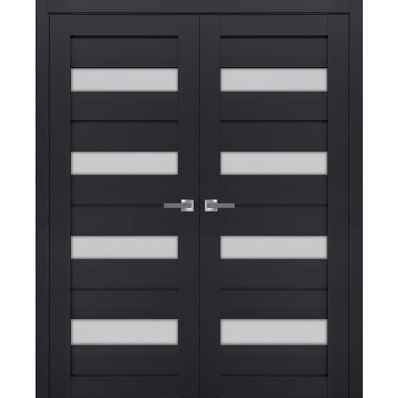 Interior Solid French Double Doors Frosted Glass | Veregio 7455 Antracite | Wood Solid Panel Frame Trims | Closet Bedroom Sturdy Doors -84" x 84" (2* 42x84)