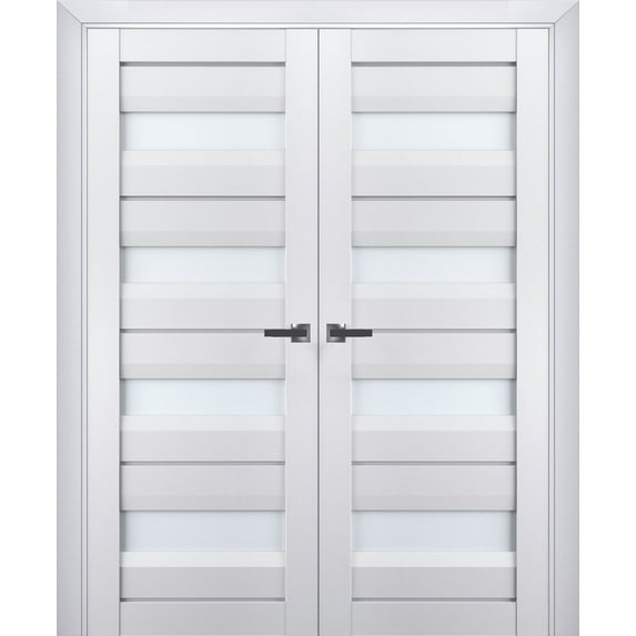 Interior Solid French Double Doors Frosted Glass | Veregio 7455 White Silk | Wood Solid Panel Frame Trims | Closet Bedroom Sturdy Doors -48" x 84" (2* 24x84)