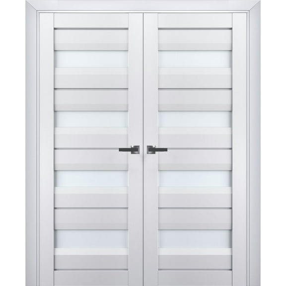 Interior Solid French Double Doors Frosted Glass | Veregio 7455 White Silk | Wood Solid Panel Frame Trims | Closet Bedroom Sturdy Doors -56" x 84" (2* 28x84)