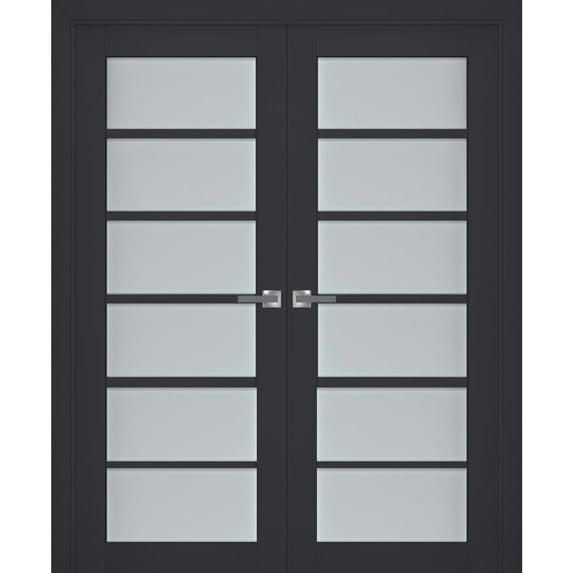 Interior Solid French Double Doors Frosted Glass | Veregio 7602 Antracite | Wood Solid Panel Frame Trims | Closet Bedroom Sturdy Doors -64" x 84" (2* 32x84)