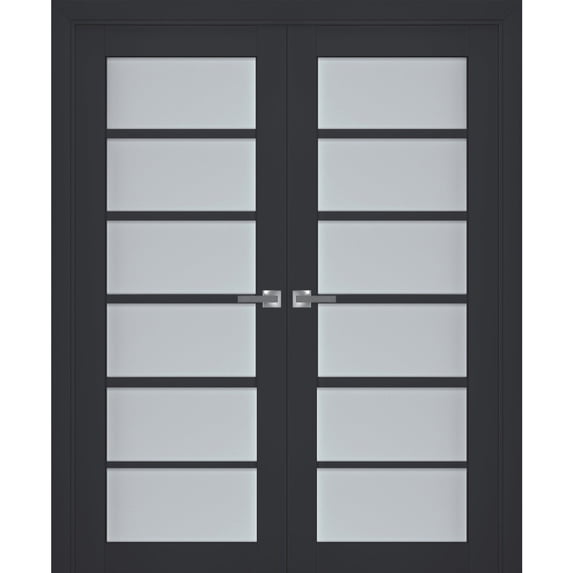 Interior Solid French Double Doors Frosted Glass | Veregio 7602 Antracite | Wood Solid Panel Frame Trims | Closet Bedroom Sturdy Doors -48" x 80" (2* 24x80)