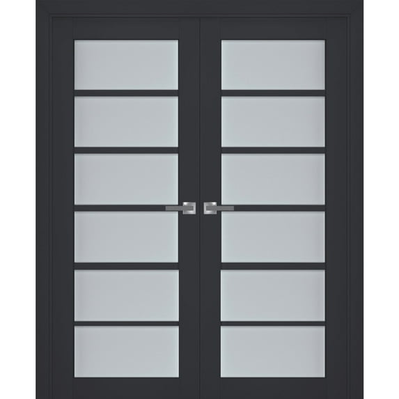 Interior Solid French Double Doors Frosted Glass | Veregio 7602 Antracite | Wood Solid Panel Frame Trims | Closet Bedroom Sturdy Doors -60" x 84" (2* 30x84)
