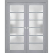 Interior Solid French Double Doors Frosted Glass | Veregio 7602 Matte Grey | Wood Solid Panel Frame Trims | Closet Bedroom Sturdy Doors -36" x 84" (2* 18x84)