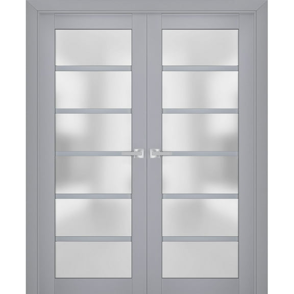 Interior Solid French Double Doors Frosted Glass | Veregio 7602 Matte Grey | Wood Solid Panel Frame Trims | Closet Bedroom Sturdy Doors -36" x 84" (2* 18x84)