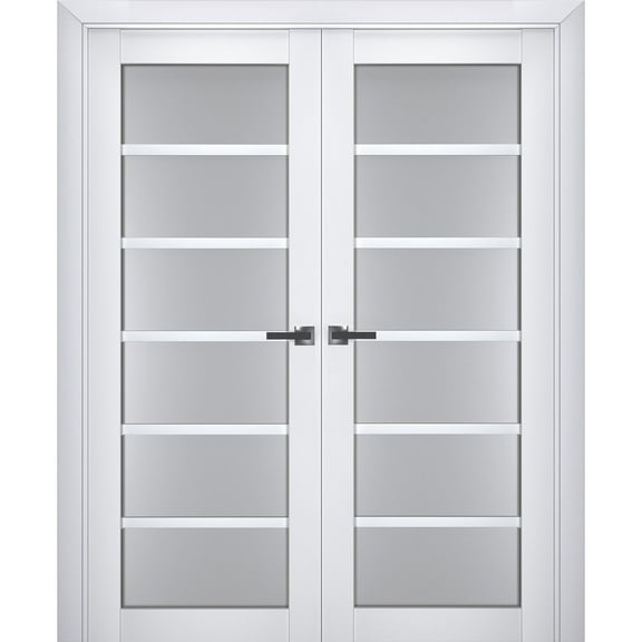 Interior Solid French Double Doors Frosted Glass | Veregio 7602 White Silk | Wood Solid Panel Frame Trims | Closet Bedroom Sturdy Doors -36" x 84" (2* 18x84)