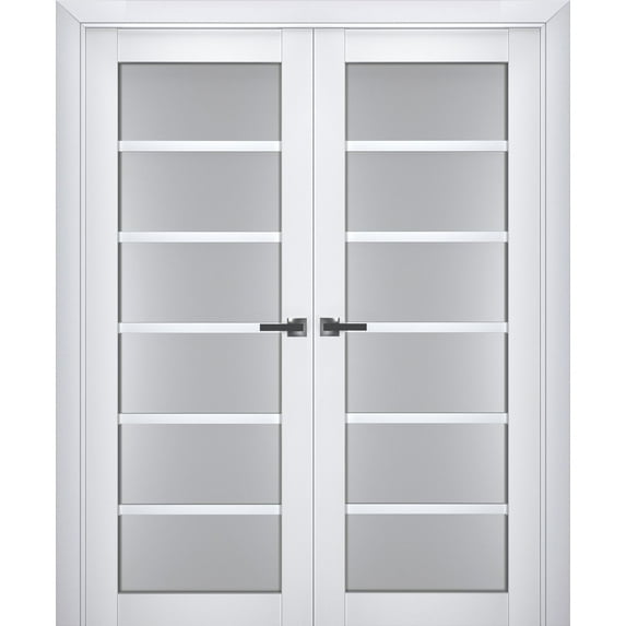 Interior Solid French Double Doors Frosted Glass | Veregio 7602 White Silk | Wood Solid Panel Frame Trims | Closet Bedroom Sturdy Doors -36" x 84" (2* 18x84)