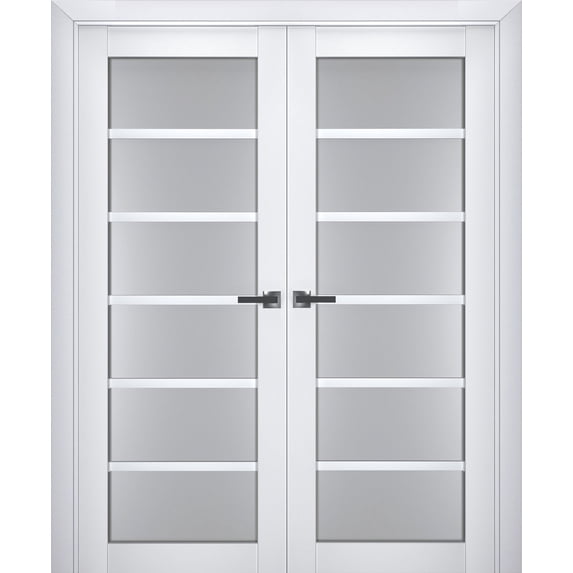 Interior Solid French Double Doors Frosted Glass | Veregio 7602 White Silk | Wood Solid Panel Frame Trims | Closet Bedroom Sturdy Doors -56" x 96" (2* 28x96)