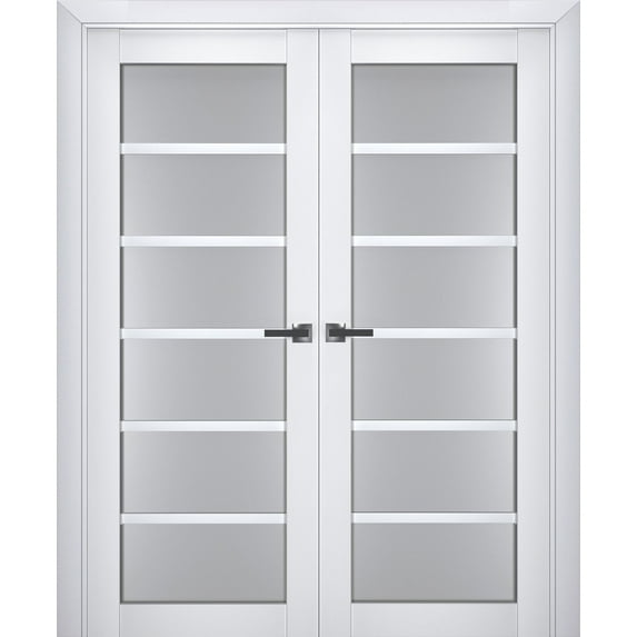 Interior Solid French Double Doors Frosted Glass | Veregio 7602 White Silk | Wood Solid Panel Frame Trims | Closet Bedroom Sturdy Doors -84" x 84" (2* 42x84)