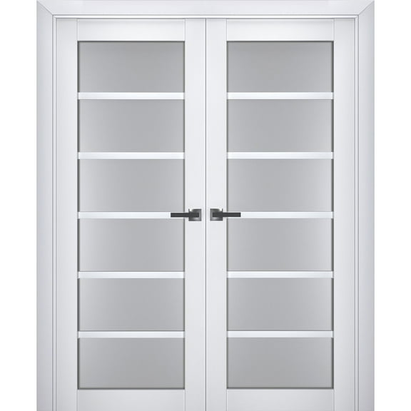 Interior Solid French Double Doors Frosted Glass | Veregio 7602 White Silk | Wood Solid Panel Frame Trims | Closet Bedroom Sturdy Doors -84" x 84" (2* 42x84)