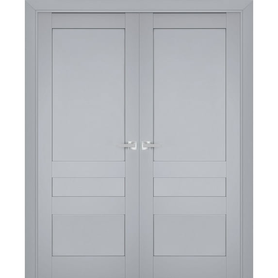 Interior Solid French Double Doors | Veregio 7411 Matte Grey | Wood Solid Panel Frame Trims | Closet Bedroom Sturdy Doors -48" x 80" (2* 24x80)