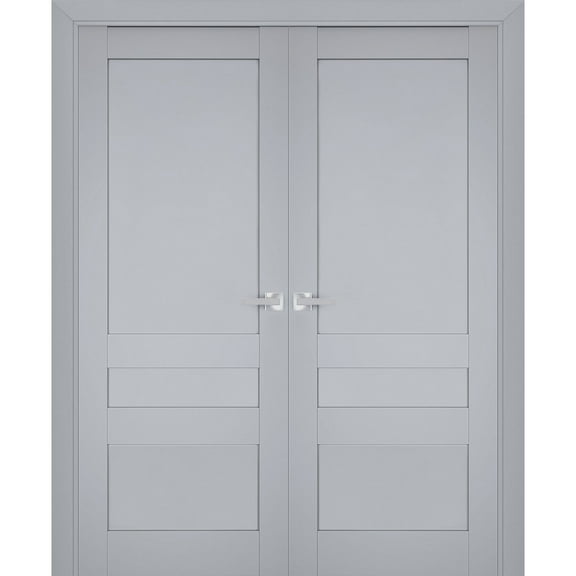 Interior Solid French Double Doors | Veregio 7411 Matte Grey | Wood Solid Panel Frame Trims | Closet Bedroom Sturdy Doors -84" x 84" (2* 42x84)