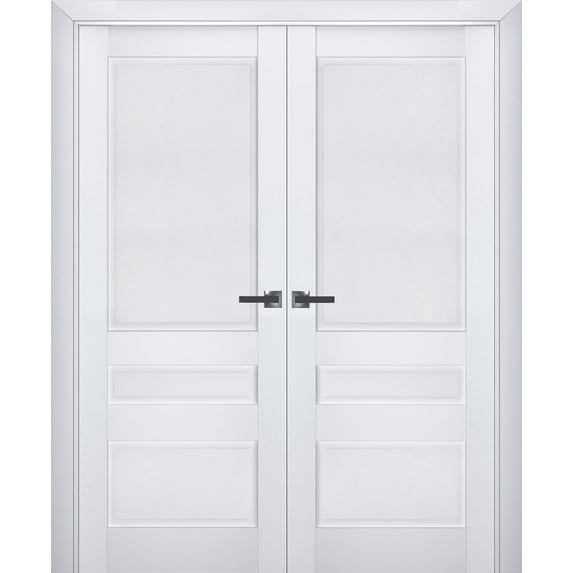 Interior Solid French Double Doors | Veregio 7411 White Silk | Wood Solid Panel Frame Trims | Closet Bedroom Sturdy Doors -56" x 84" (2* 28x84)