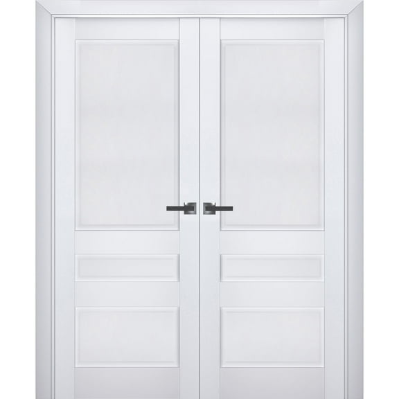 Interior Solid French Double Doors | Veregio 7411 White Silk | Wood Solid Panel Frame Trims | Closet Bedroom Sturdy Doors -72" x 96" (2* 36x96)