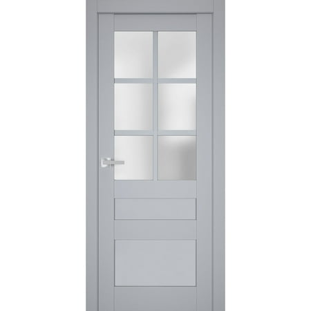 Interior Solid French Pre-Hung Door Frosted Glass Veregio 7339 Matte Grey Single Regular Panel Frame Trims Handle Bathroom Bedroom Sturdy Doors 18" x 84"