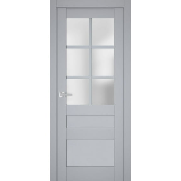 Interior Solid French Pre-Hung Door Frosted Glass | Veregio 7339 Matte Grey | Single Regular Panel Frame Trims Handle | Bathroom Bedroom Sturdy Doors -18" x 84"