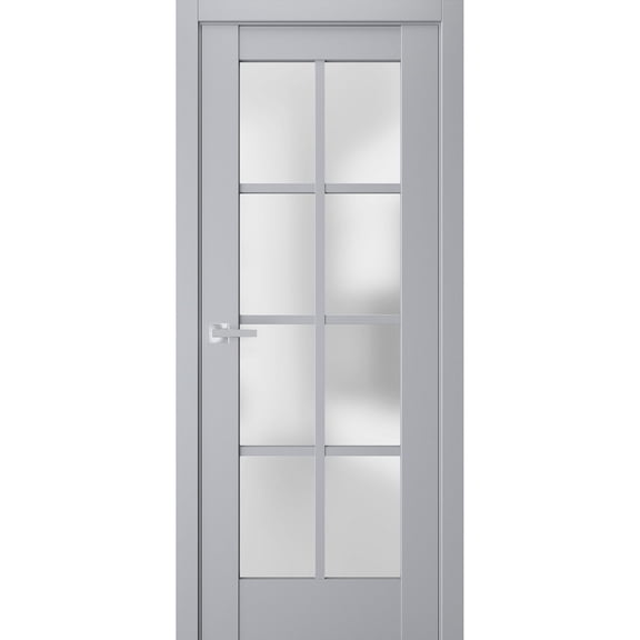 Interior Solid French Pre-Hung Door Frosted Glass | Veregio 7412 Matte Grey | Single Regular Panel Frame Trims Handle | Bathroom Bedroom Sturdy Doors -24" x 96"