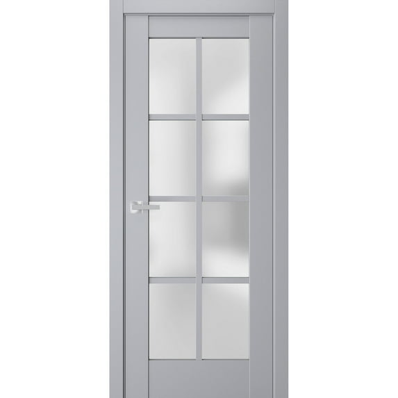 Interior Solid French Pre-Hung Door Frosted Glass | Veregio 7412 Matte Grey | Single Regular Panel Frame Trims Handle | Bathroom Bedroom Sturdy Doors -28" x 96"