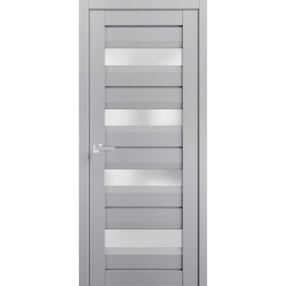 Interior Solid French Pre-Hung Door Frosted Glass | Veregio 7455 Matte Grey | Single Regular Panel Frame Trims Handle | Bathroom Bedroom Sturdy Doors -18" x 84"