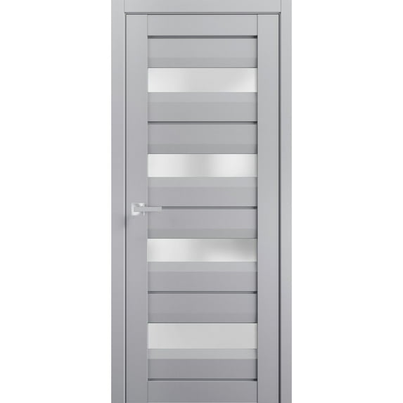 Interior Solid French Pre-Hung Door Frosted Glass | Veregio 7455 Matte Grey | Single Regular Panel Frame Trims Handle | Bathroom Bedroom Sturdy Doors -42" x 96"