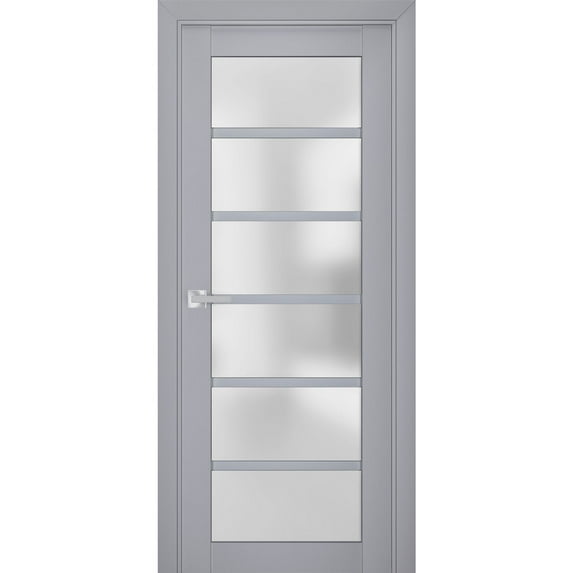 Interior Solid French Pre-Hung Door Frosted Glass | Veregio 7602 Matte Grey | Single Regular Panel Frame Trims Handle | Bathroom Bedroom Sturdy Doors -32" x 96"