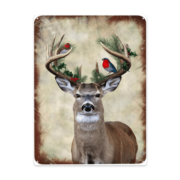Interior Styling Piece 12x16 Inch Metal Wall Sign Featuring Winter Deer Christmas Holly Modern Retro Home Detail Fits Office Or Studio With Classic Retro Character Indoor Wall Accent