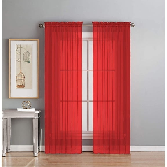 Interior Trends 2 Piece Fully Stitched Sheer Voile Window Panel Curtain Drape Set (54"W x 84" L, Red)