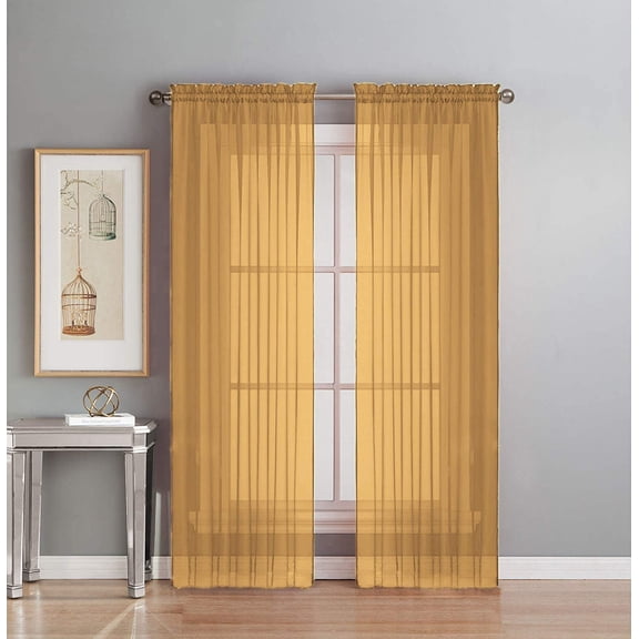 Interior Trends 2 Piece Fully Stitched Sheer Voile Window Panel Curtain Drape Set (54"W x 95" L, Gold)