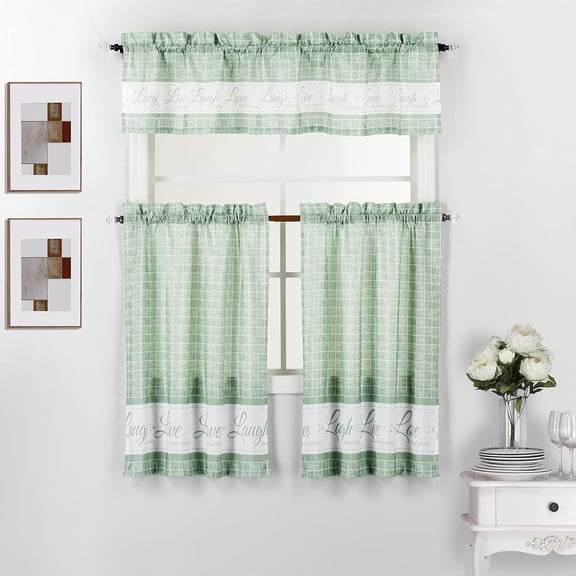 Interior Trends Live Love Laugh 3 Piece Printed Kitchen Window Curtain Valance and Tier Panels Set (Sage, 36" Tiers Set)
