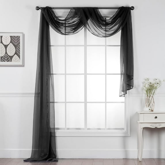 Interior Trends Multipurpose Fully Hemmed Sheer Voile Window or Event Draping Fabric Scarf Valance (1 Piece: 37" W x 216" L, Black)
