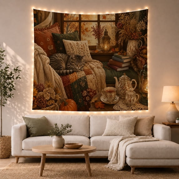 Interior Viewed Through With Window, Playful Vintage for Cat Lovers, Animal Wall Decor Statement Accent, Halloween Gift, Tapestry Wall Hanging for Bedroom and Dorm