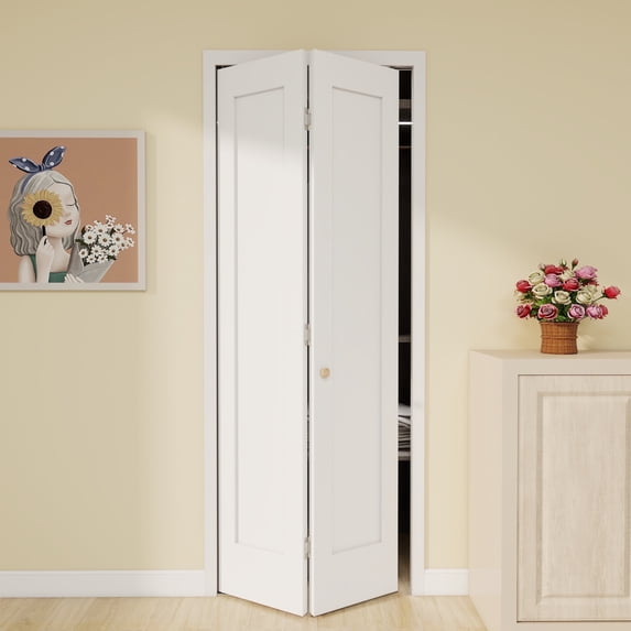 Interior White Primed Shaker 1 panel Solid Wood Core Bifold Closet Doors With Hardware Kit