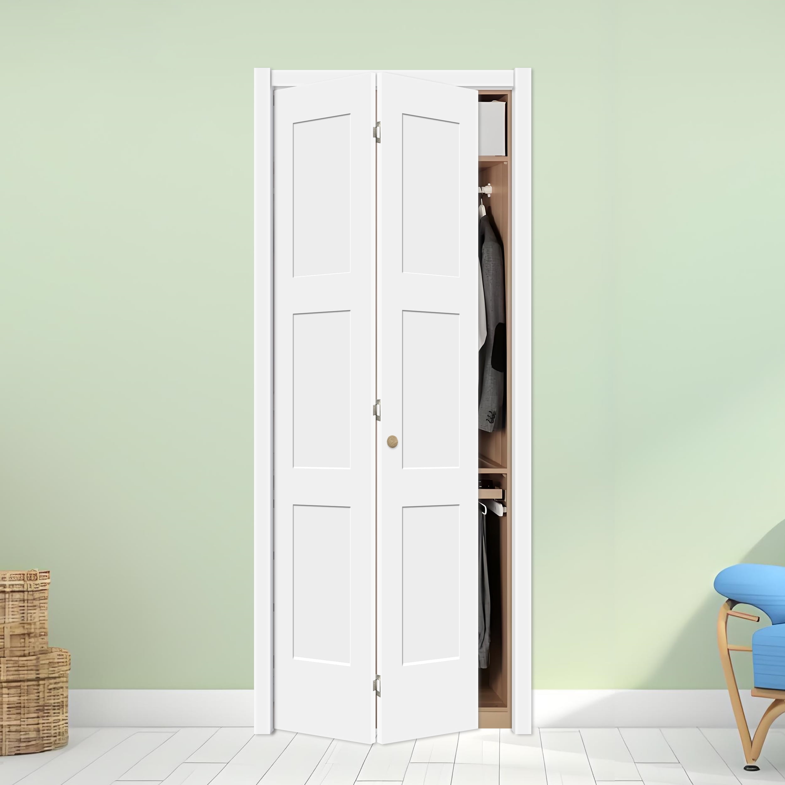 NEW　フリーチェスト　BE/BK/WAL Interior White Primed Shaker 3 panel Solid Wood Core Bifold Closet