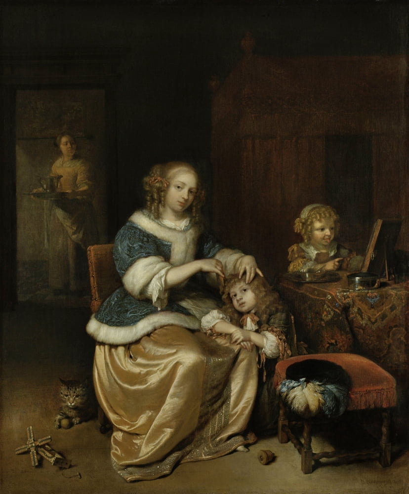 Interior With A Mother Combing Her Childs Hair Canvas Art - (24 x 36)