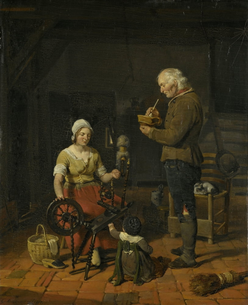 Interior With Peasant Family And Sleeping Cat Canvas Art - (24 x 36)