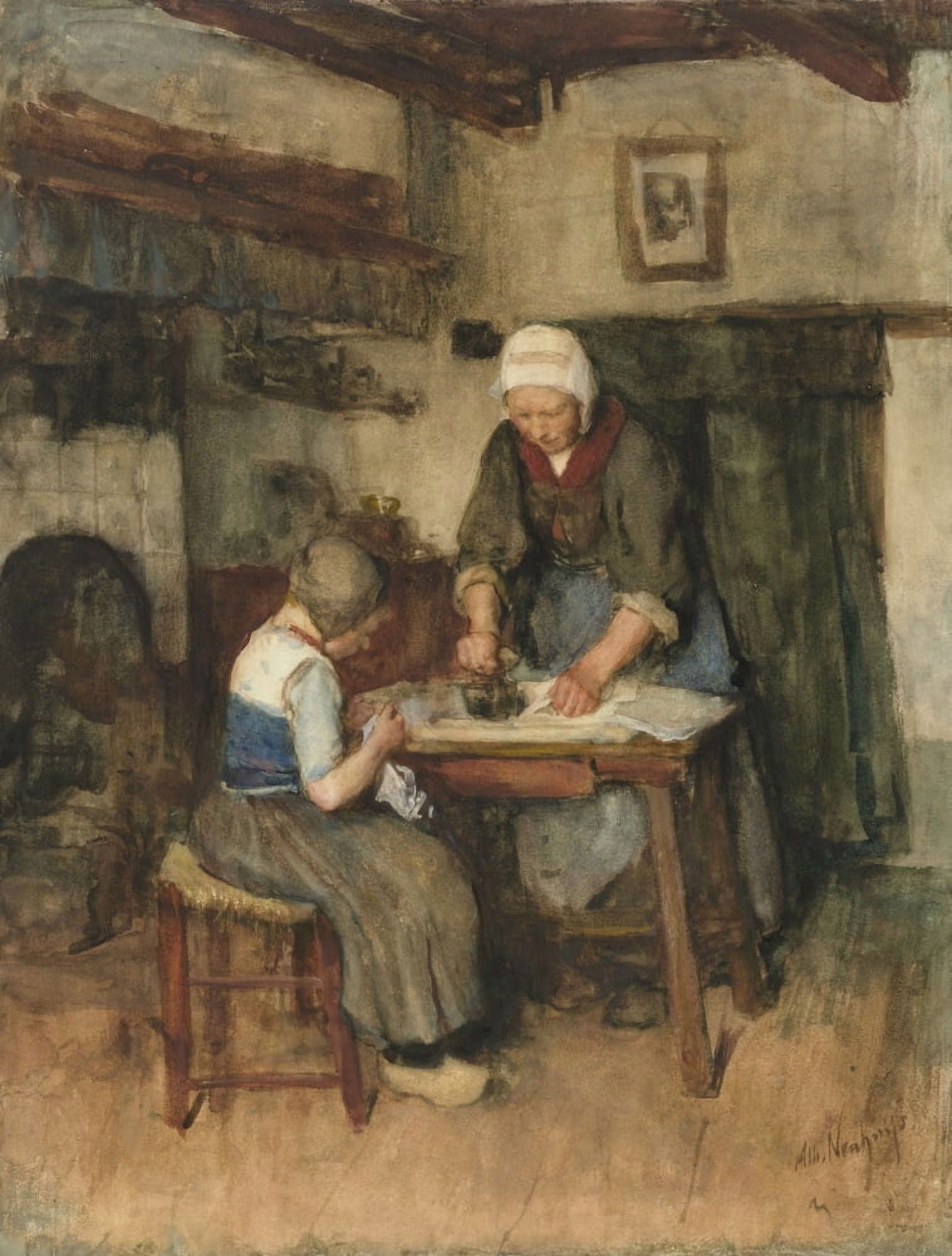 Interior With Woman Ironing And Sewing Child Canvas Art - (18 x 24)