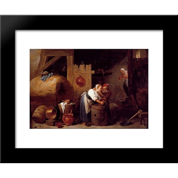 Interior scene with a young woman scrubbing pots while an old man makes advances 20x24 Framed Art Print by David Teniers the Younger