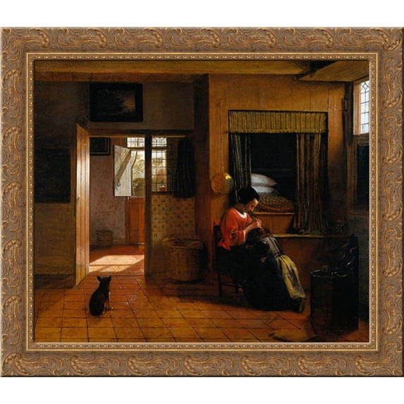 Interior with a Mother delousing her child's hair, known as 'A Mother's duty' 22x20 Gold Ornate Wood Framed Canvas Art by Hooch, Pieter de