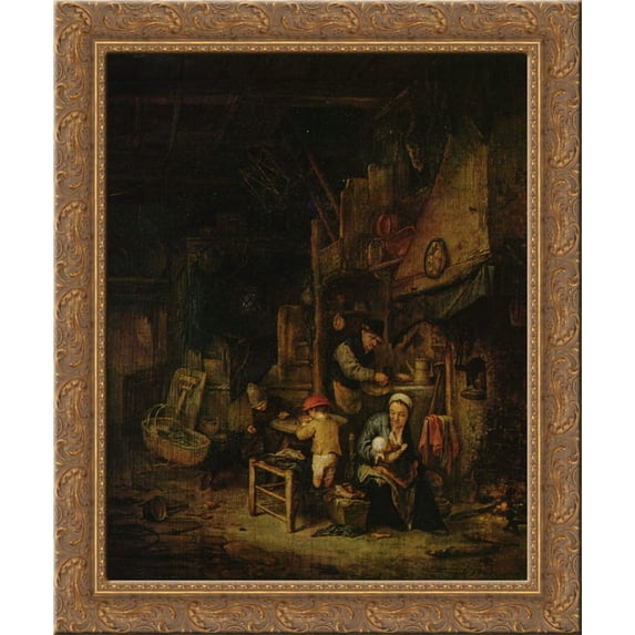 Interior with a Peasant Family 20x24 Gold Ornate Wood Framed Canvas Art by Ostade, Adriaen van