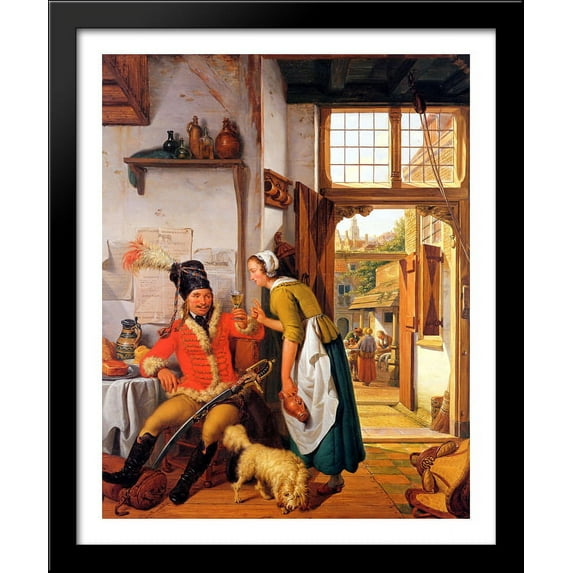 Interior with soldier and maid 28x34 Large Black Wood Framed Print Art by Abraham van Strij