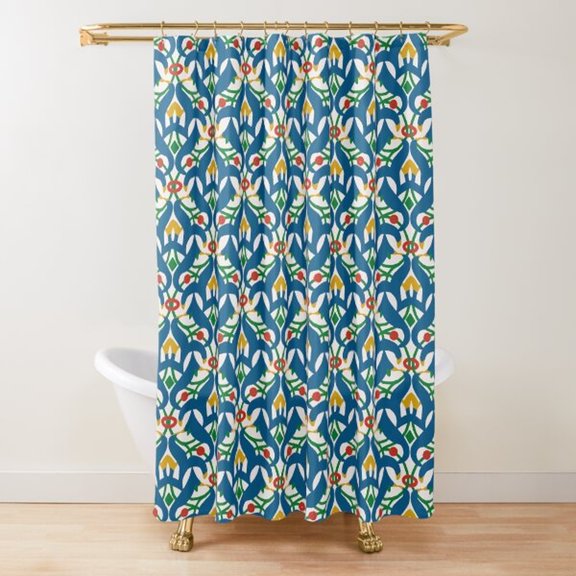 Interlaced Blue Leaves and Green Vines Shower Curtain, 100% Polyester, Botanical Floral Bathroom Decor