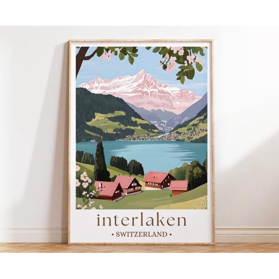 Interlaken Switzerland Travel Poster, Alpine Valley Wall Art, Mountain Landscape Print, European Nature Decor