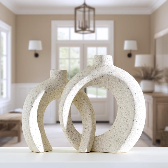 Interlocked Decorative Vase Set Of 2 Matte Cream White Ceramic For Home Decor