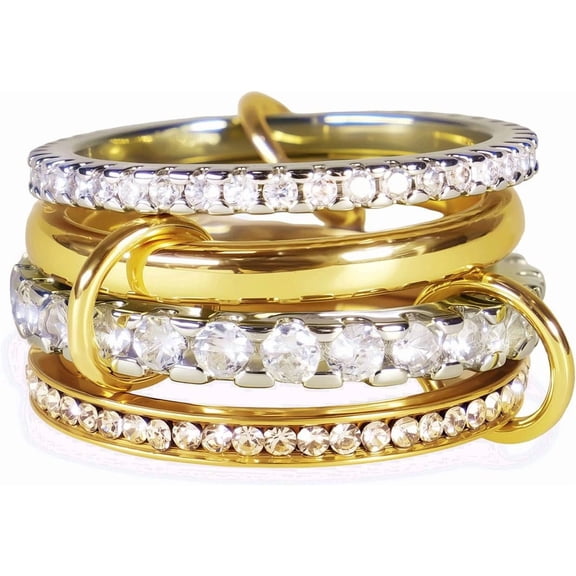 Interlocked Quality Stackable Rings Necklace for Women - 14K Gold Plated Statement Multi Ring Stack, Cubic Zirconia Two-Toned Connected Bands Stacking Jewelry, Birthday Gifts for Women[n524]