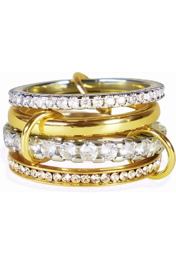 Interlocked Quality Stackable Rings Necklace for Women - 14K Gold Plated Statement Multi Ring Stack, Cubic Zirconia Two-Toned Connected Bands Stacking Jewelry, Birthday Gifts for Women[b673]