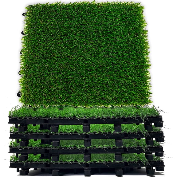Interlocking Artificial Turf Deck Tiles, 8 Count - Fake Grass for Patio Flooring - Snap Lock Outdoor Tiles for Balcony, Walkways or Backyard - 12 x 12 x 0.9 Inches, Green
