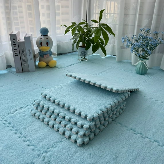 Interlocking Carpet Shaggy Soft EVA Foam Mats Fluffy Square Thickened Plush Tiles Protective Floor Tiles Exercise Play Mat for Children Kids Room Home Parlor Bedroom (Sky Blue, 12 Pcs)