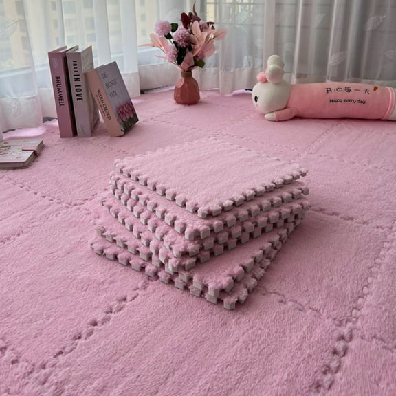 Interlocking Carpet Shaggy Soft EVA Foam Mats Fluffy Square Thickened Plush Tiles Protective Floor Tiles Exercise Play Mat for Children Kids Room Home Parlor Bedroom (Pink, 12 Pcs)