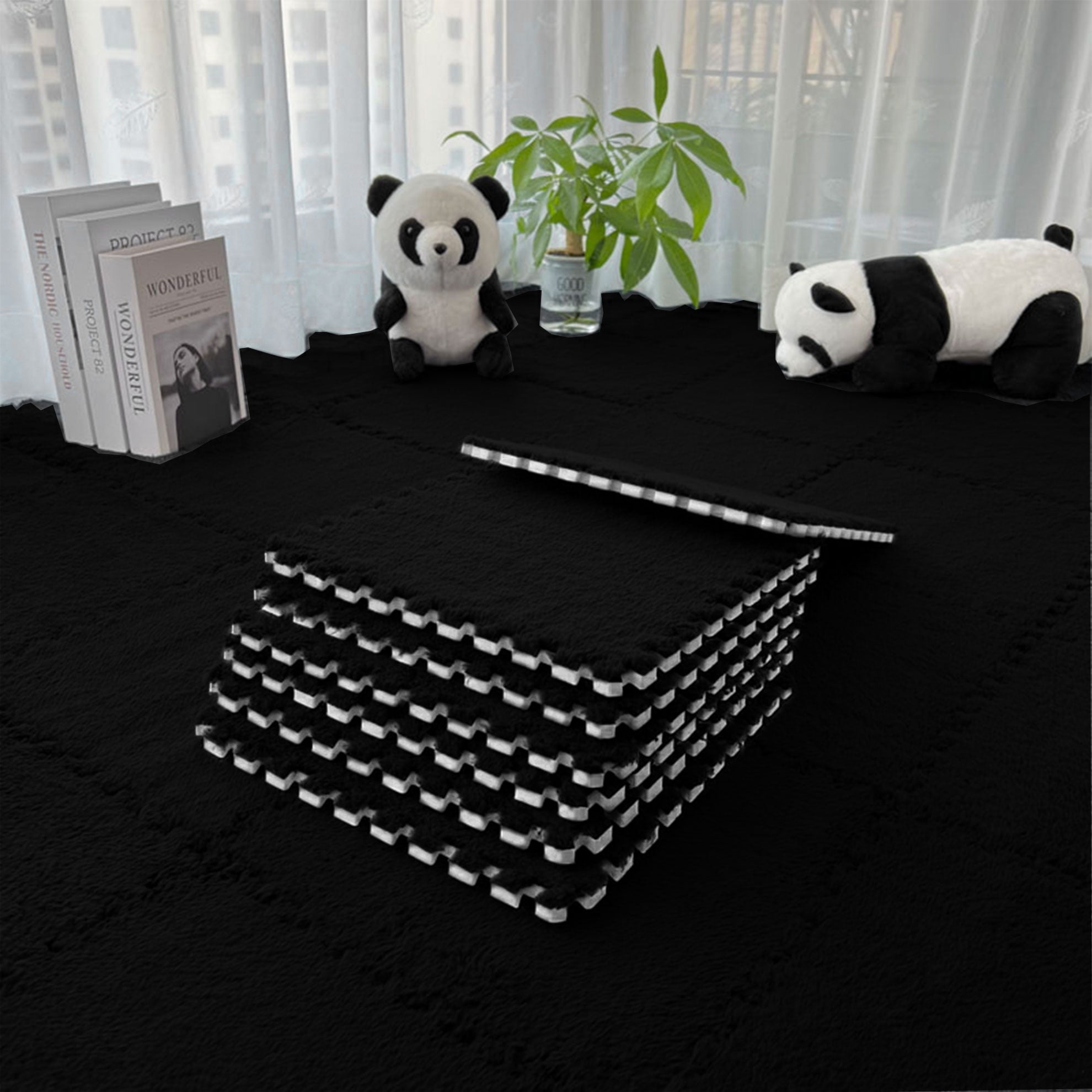 Interlocking Carpet Shaggy Soft EVA Foam Mats Fluffy Square Thickened Plush Tiles Protective Floor Tiles Exercise Play Mat for Children Kids Room Home Parlor Bedroom (Black, 12 Pcs)