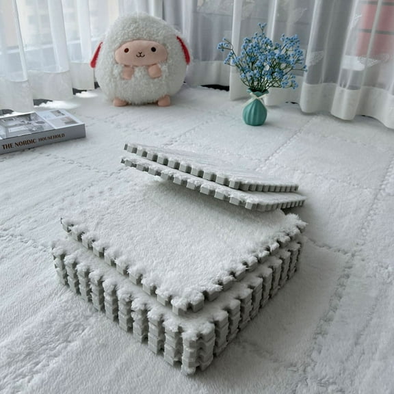 Interlocking Carpet Shaggy Soft EVA Foam Mats Fluffy Square Thickened Plush Tiles Protective Floor Tiles Exercise Play Mat for Children Kids Room Home Parlor Bedroom (White, 12 Pcs)